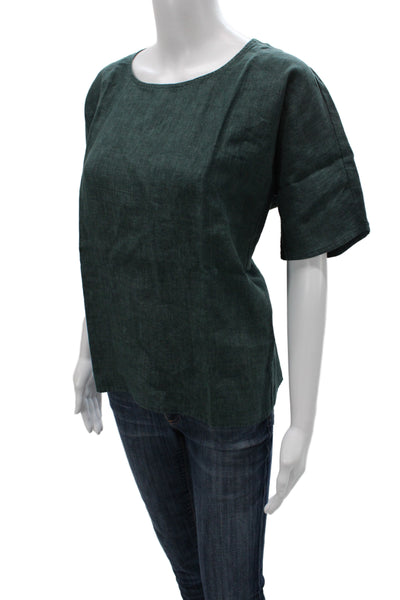 Eileen Fisher Women Green Organic Linen Short Sleeve Round Neck Blouse Size M