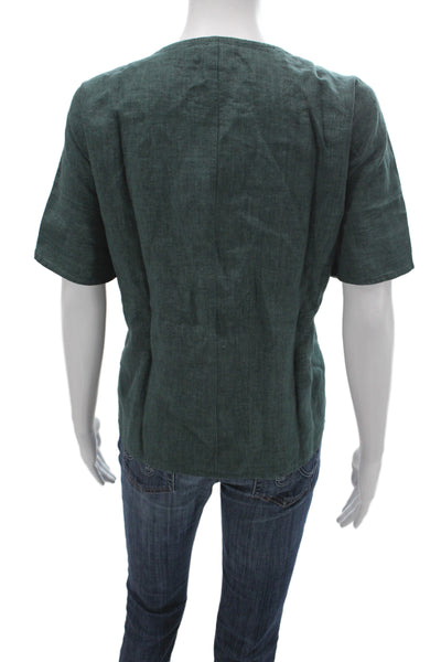 Eileen Fisher Women Green Organic Linen Short Sleeve Round Neck Blouse Size M