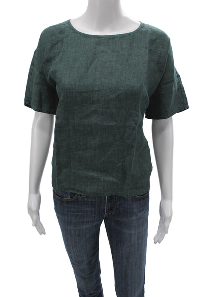 Eileen Fisher Women Basic Green Organic Linen Short Sleeve Blouse Size PM