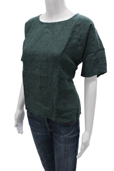 Eileen Fisher Women Basic Green Organic Linen Short Sleeve Blouse Size PM