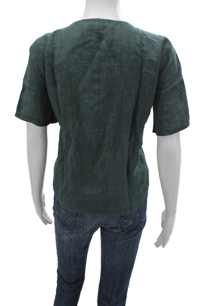 Eileen Fisher Women Basic Green Organic Linen Short Sleeve Blouse Size PM