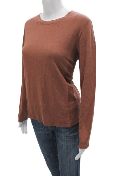 Eileen Fisher Womens Organic Linen Crew Neck Long Sleeve T-Shirt Brown Size S