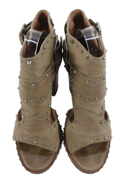 Laurence Decade Womens Leather Studded Cut Out Sandal Heels Beige Size 37.5 7.5