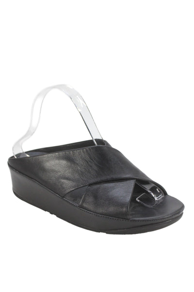 FitFlop Womens Leather Cross Strap Low Wedge Sandals Black Size 7