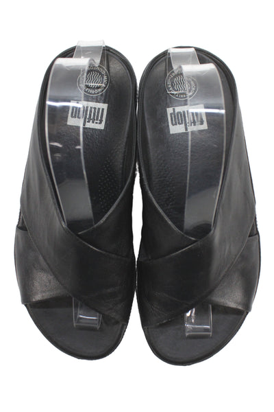 FitFlop Womens Leather Cross Strap Low Wedge Sandals Black Size 7