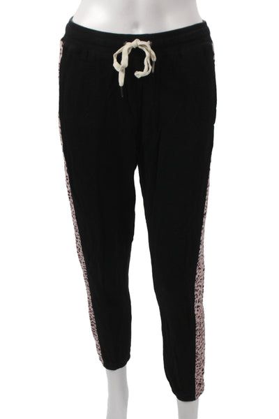 Philanthropy Women Black Leopard Jogger Pants Drawstring Cotton Blend Size S