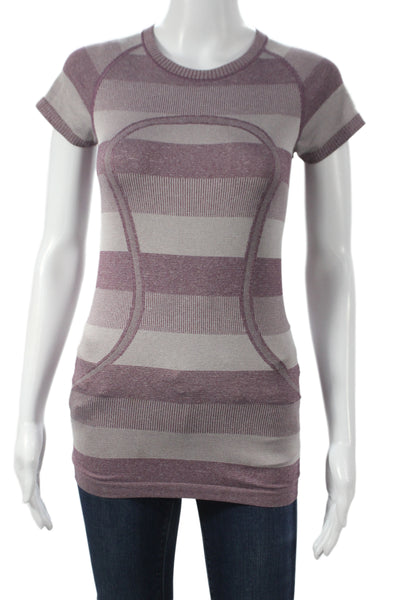 Lululemon Womens Gray Striped Nylon Crew Neck Short Sleeve Basic T-Shirt Size 4