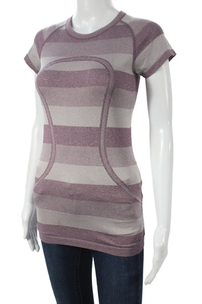 Lululemon Womens Gray Striped Nylon Crew Neck Short Sleeve Basic T-Shirt Size 4
