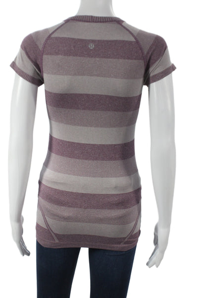 Lululemon Womens Gray Striped Nylon Crew Neck Short Sleeve Basic T-Shirt Size 4