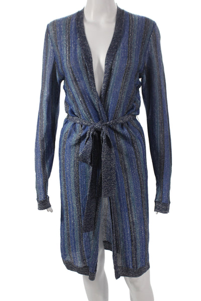 L'Agence Womens Cardigan Striped V-Neck Long Sleeve Blue Metallic Size M