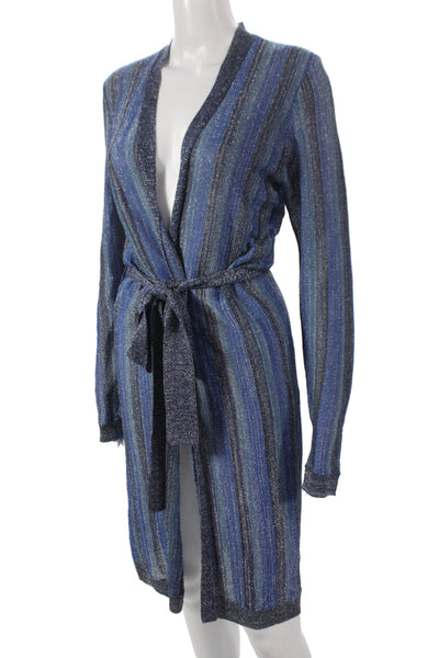 L'Agence Womens Cardigan Striped V-Neck Long Sleeve Blue Metallic Size M