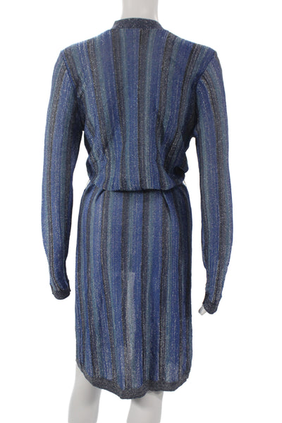 L'Agence Womens Cardigan Striped V-Neck Long Sleeve Blue Metallic Size M