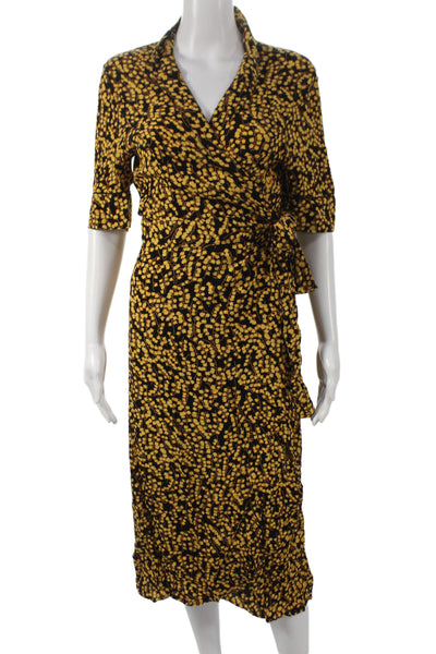 Ganni Women Floral Black Wrap Dress Collared Tie Mid-Calf Half Sleeve Size 42