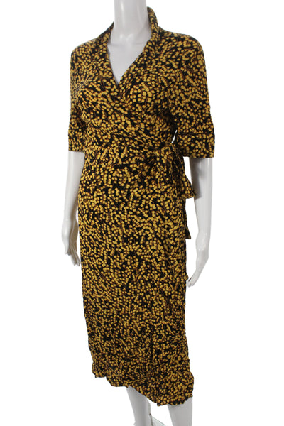 Ganni Women Floral Black Wrap Dress Collared Tie Mid-Calf Half Sleeve Size 42