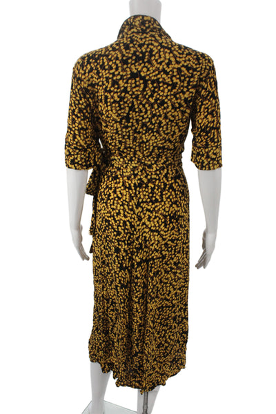 Ganni Women Floral Black Wrap Dress Collared Tie Mid-Calf Half Sleeve Size 42
