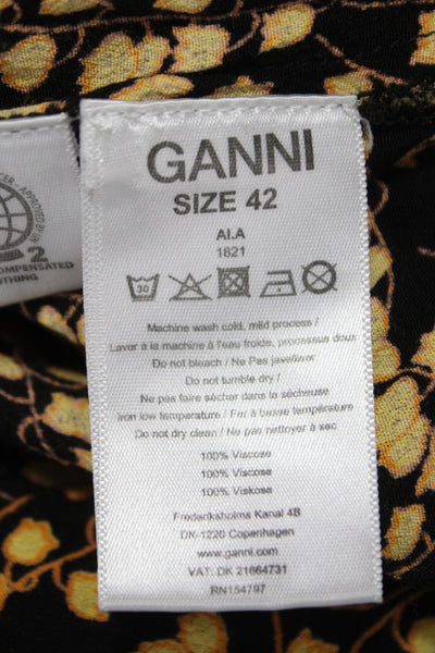Ganni Women Floral Black Wrap Dress Collared Tie Mid-Calf Half Sleeve Size 42