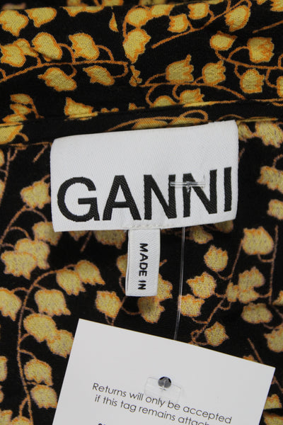 Ganni Women Floral Black Wrap Dress Collared Tie Mid-Calf Half Sleeve Size 42