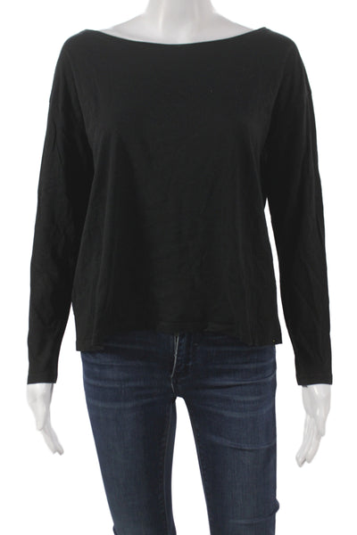 Vince Women Basic Boat Neck Long Sleeve T-Shirt Black Cotton Size M