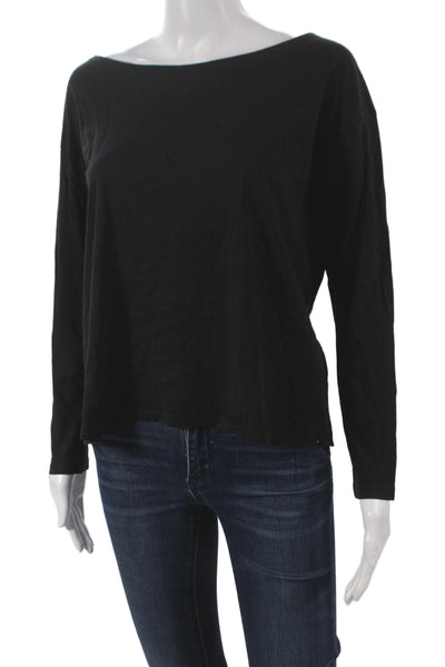 Vince Women Basic Boat Neck Long Sleeve T-Shirt Black Cotton Size M