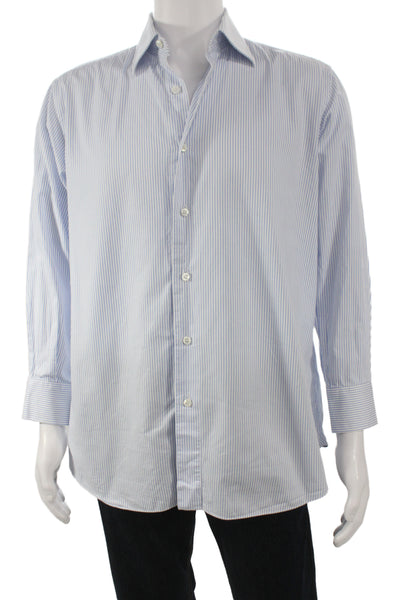 Brioni Mens Cotton Striped Print Long Sleeve Buttoned-Up Blue White Size EUR 41