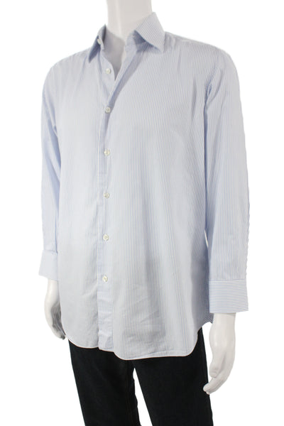 Brioni Mens Cotton Striped Print Long Sleeve Buttoned-Up Blue White Size EUR 41