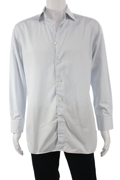 Zegna Mens Striped Print Long Sleeve Buttoned-Up Blue Size EUR 46