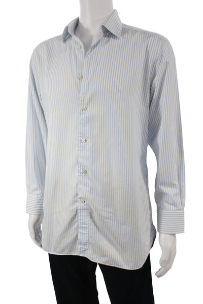 Zegna Mens Striped Print Long Sleeve Buttoned-Up Blue Size EUR 46