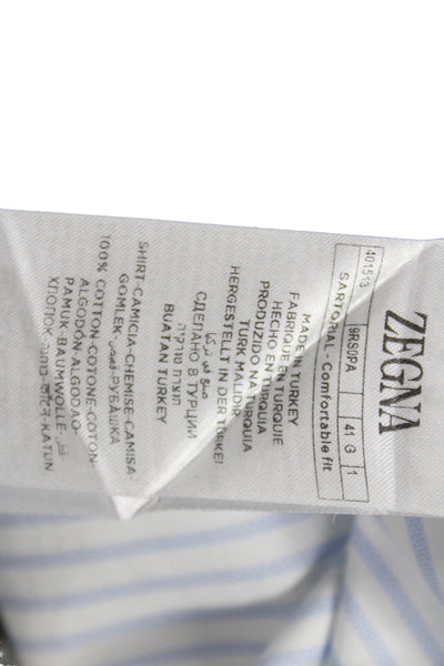 Zegna Mens Striped Print Long Sleeve Buttoned-Up Blue Size EUR 46