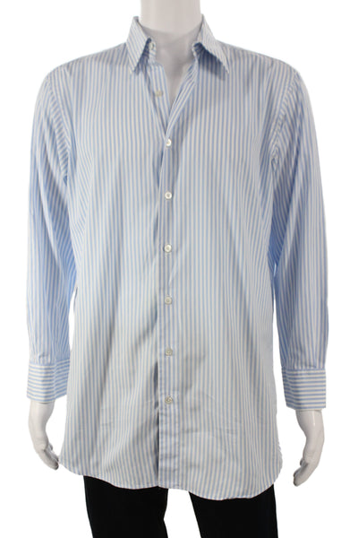 Maus & Hoffman Mens Striped Print Long Sleeve Buttoned-Up Top Blue White Size 16
