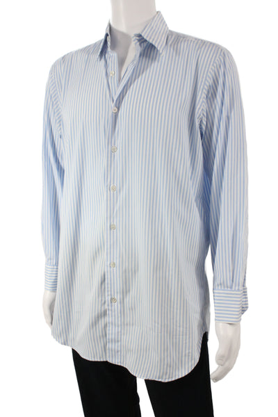 Maus & Hoffman Mens Striped Print Long Sleeve Buttoned-Up Top Blue White Size 16