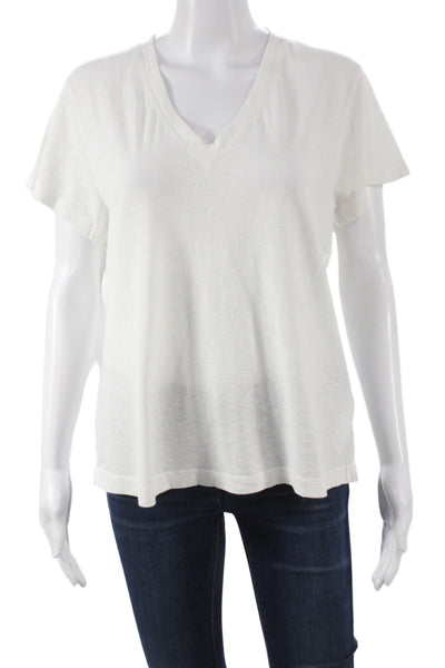 Me + Em Womens Basic V-Neck Hemp T-Shirt White Short Sleeve Size 8
