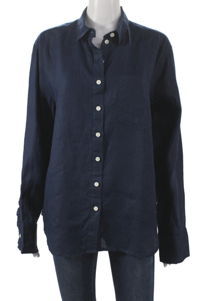 J Crew Women Blue Linen Collared Long Sleeve Button-Up Basic Size 10