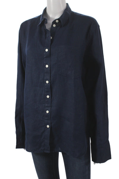 J Crew Women Blue Linen Collared Long Sleeve Button-Up Basic Size 10