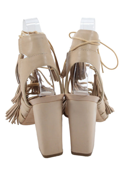 Loeffler Randall Womens Leather Tassle Slingbacks Sandal Heels Beige Size 7 B
