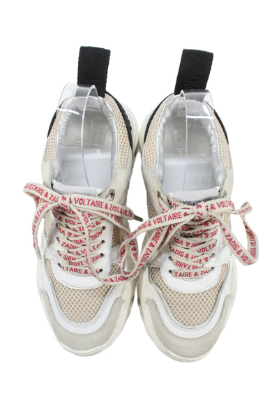 Zadig & Voltaire Womens Leather Branded Lace Up Fashion Sneakers Beige Size 10