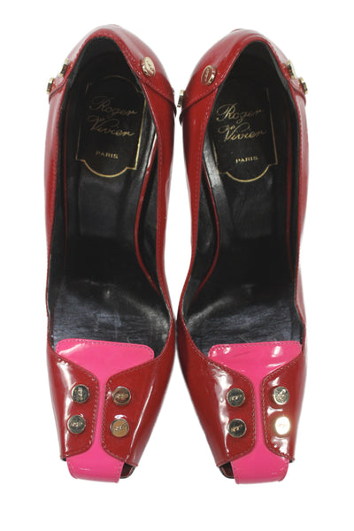 Roger Vivier Womens Patent Leather Square Toe Pumps Red Pink Size 38 8