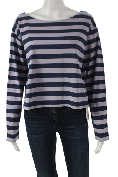 J Crew Womens Cropped Striped Blue Cotton Boat Neck Long Sleeve T-Shirt Size S