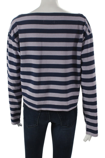J Crew Womens Cropped Striped Blue Cotton Boat Neck Long Sleeve T-Shirt Size S