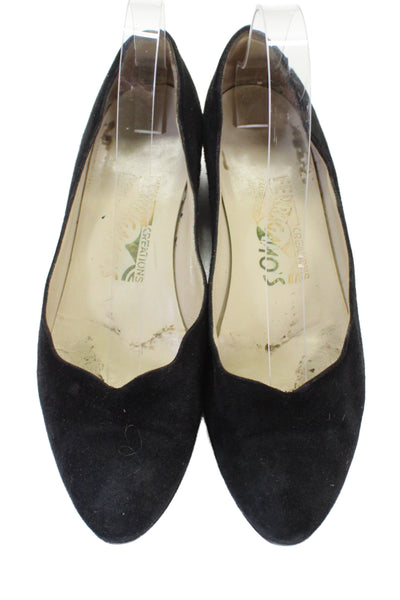 Salvatore Ferragamo Womens Suede Round Toe Block Heels Pumps Black Size 7