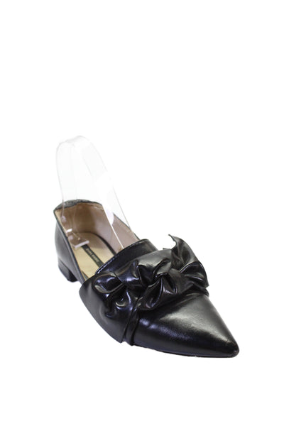 Zara Womens Leather Curled Bow Pointed Toe Flats Black Size EUR 36