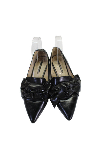 Zara Womens Leather Curled Bow Pointed Toe Flats Black Size EUR 36