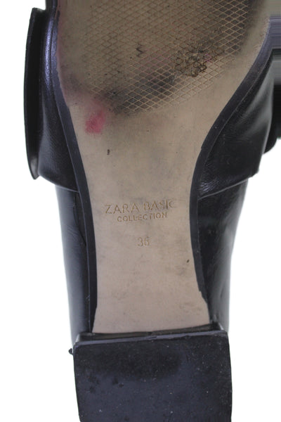 Zara Womens Leather Curled Bow Pointed Toe Flats Black Size EUR 36