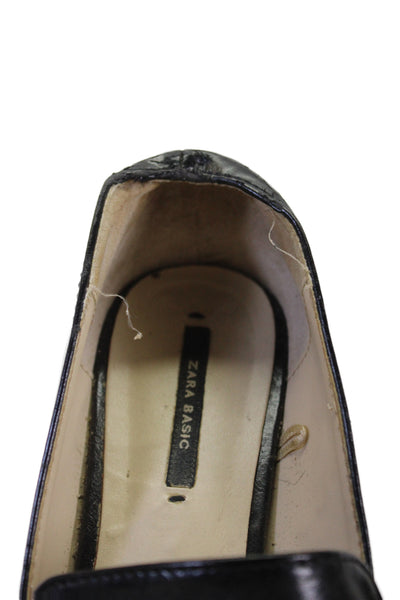 Zara Womens Leather Curled Bow Pointed Toe Flats Black Size EUR 36