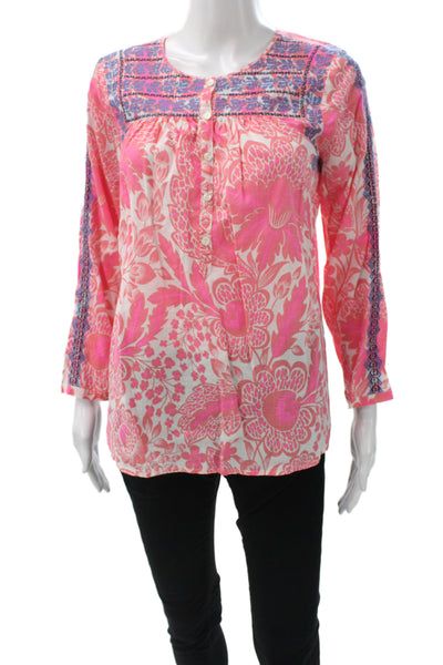 J Crew Women Pink Floral Cotton Tunic Blouse Long Sleeve Round Neck Size 4