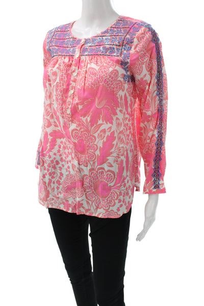 J Crew Women Pink Floral Cotton Tunic Blouse Long Sleeve Round Neck Size 4