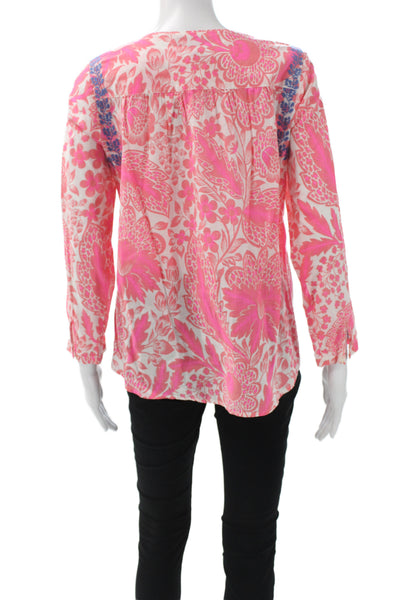 J Crew Women Pink Floral Cotton Tunic Blouse Long Sleeve Round Neck Size 4
