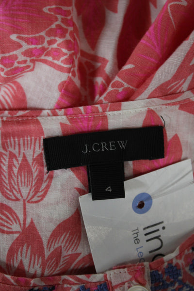 J Crew Women Pink Floral Cotton Tunic Blouse Long Sleeve Round Neck Size 4