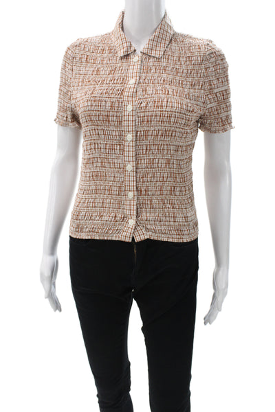 J Crew Womens Basic Brown Checked Collared Short Sleeve Blouse Cotton Size S