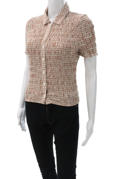 J Crew Womens Basic Brown Checked Collared Short Sleeve Blouse Cotton Size S