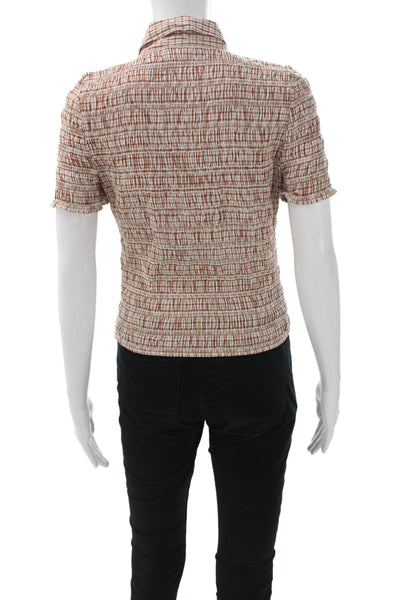 J Crew Womens Basic Brown Checked Collared Short Sleeve Blouse Cotton Size S